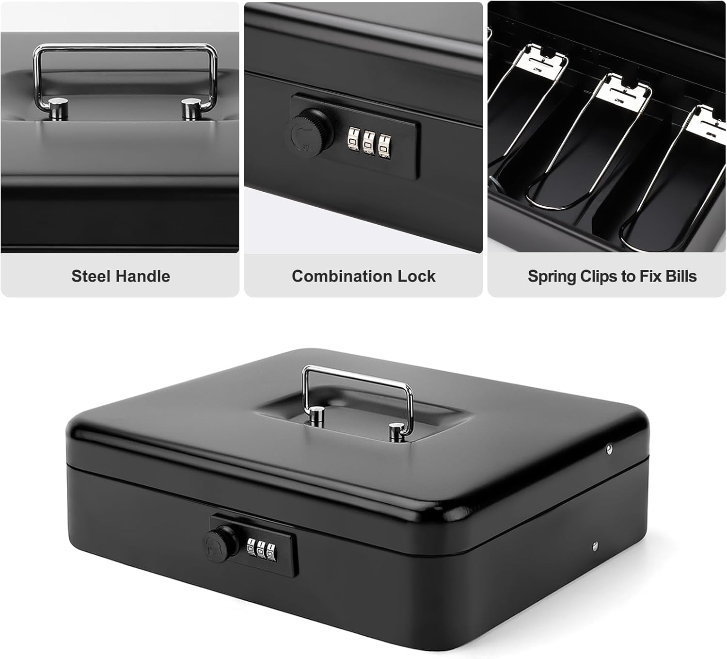 Cash Box with Money Tray and Lock - Secure Money Box for Cash, Metal Lock Box with Combination, Portable Money Saving Organizer for Home Office Business, 11.8"L x 9.5"W x 3.5"H, Combo Black