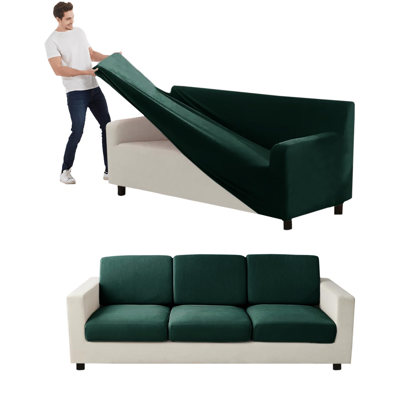 couch cover velvet, stretch sofa covers for separate main cover/backrests and seat cushions couch cover, for living room furniture slipcovers (dark green,large seat 7 piece)