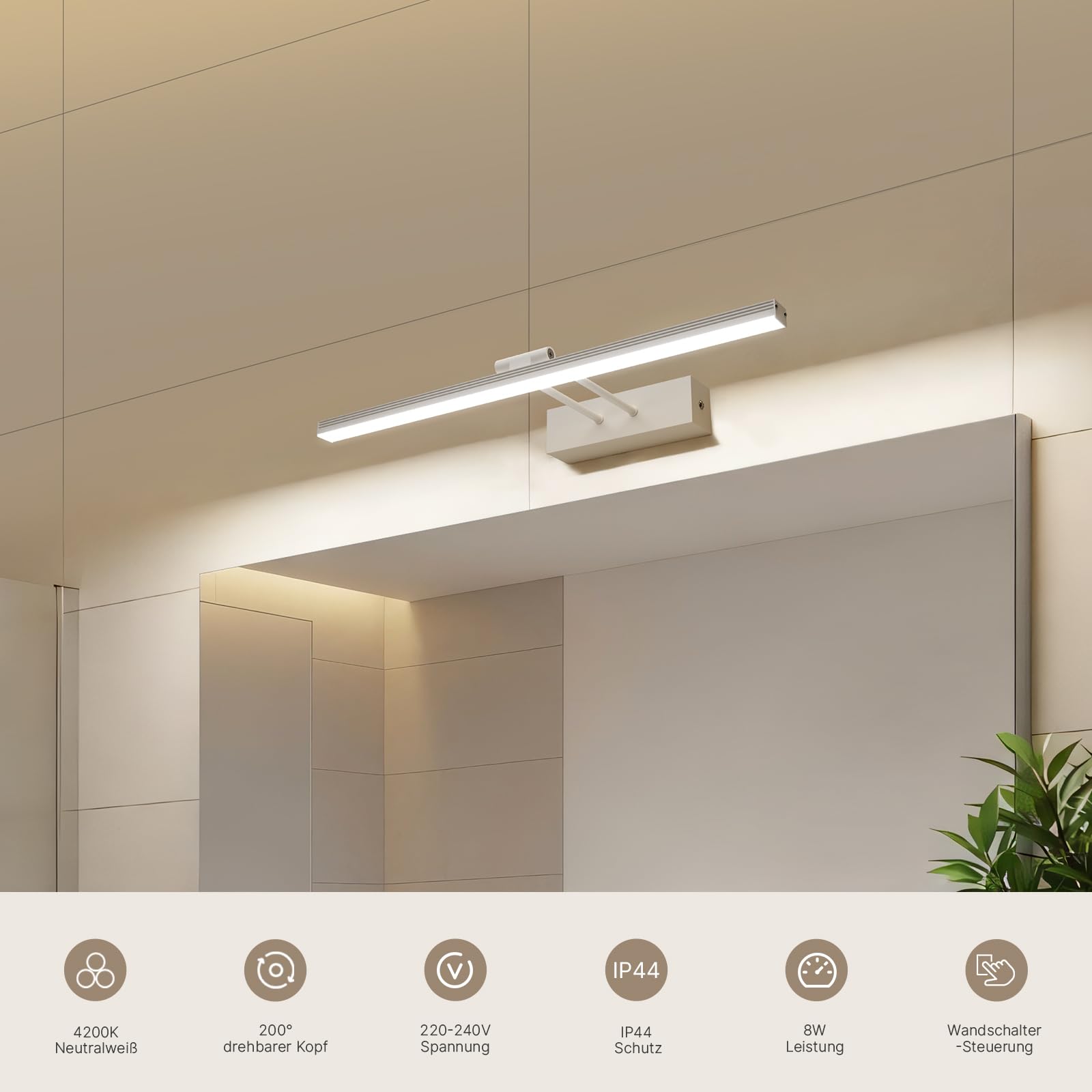 EMKE LED Spiegelleuchte Spiegellampe Bad, 8W Bilderleuchte 200° Einstellbar Badlampe Wandbeleuchtung Wasserdicht IP44 4200K, Weiß