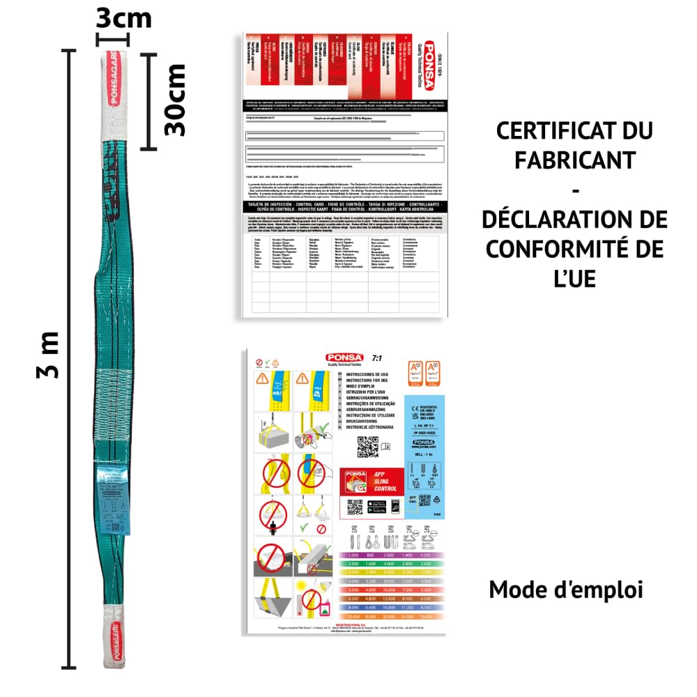 PONSA. 2t-4 m. Élingue Plate Double Bande avec Boucles, 2000 kg - 4 mètres, avec Traitement PONSAGARD Contre coupures et abrasions. (Pack 2 u.)