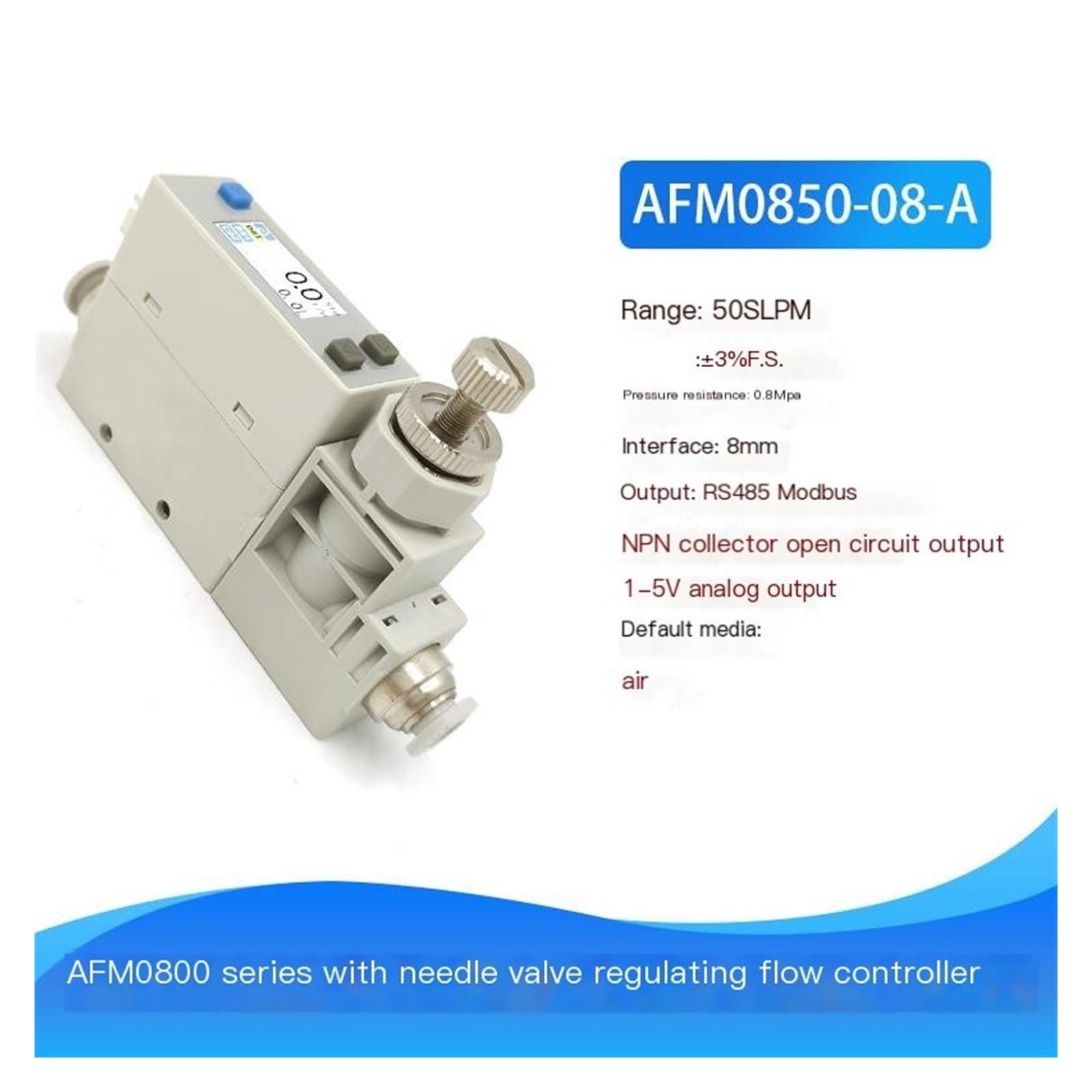 Válvula de aguja AFM0810 Pantalla digital ajustable Medidor de caudal másico Controlador de caudal Aire(AFM0850-08-A 50L/min)