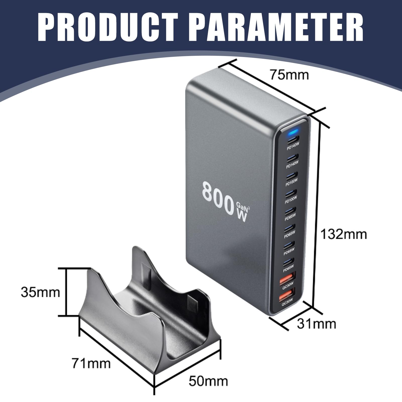 Chargeur USB-C 10 Ports 800 W : Adaptateur de Charge Rapide avec GaN III et PD 3.1, doté de 8 Ports USB-C et 2 Ports USB-A PD PPS, Alimentation de 140 W pour MacBook