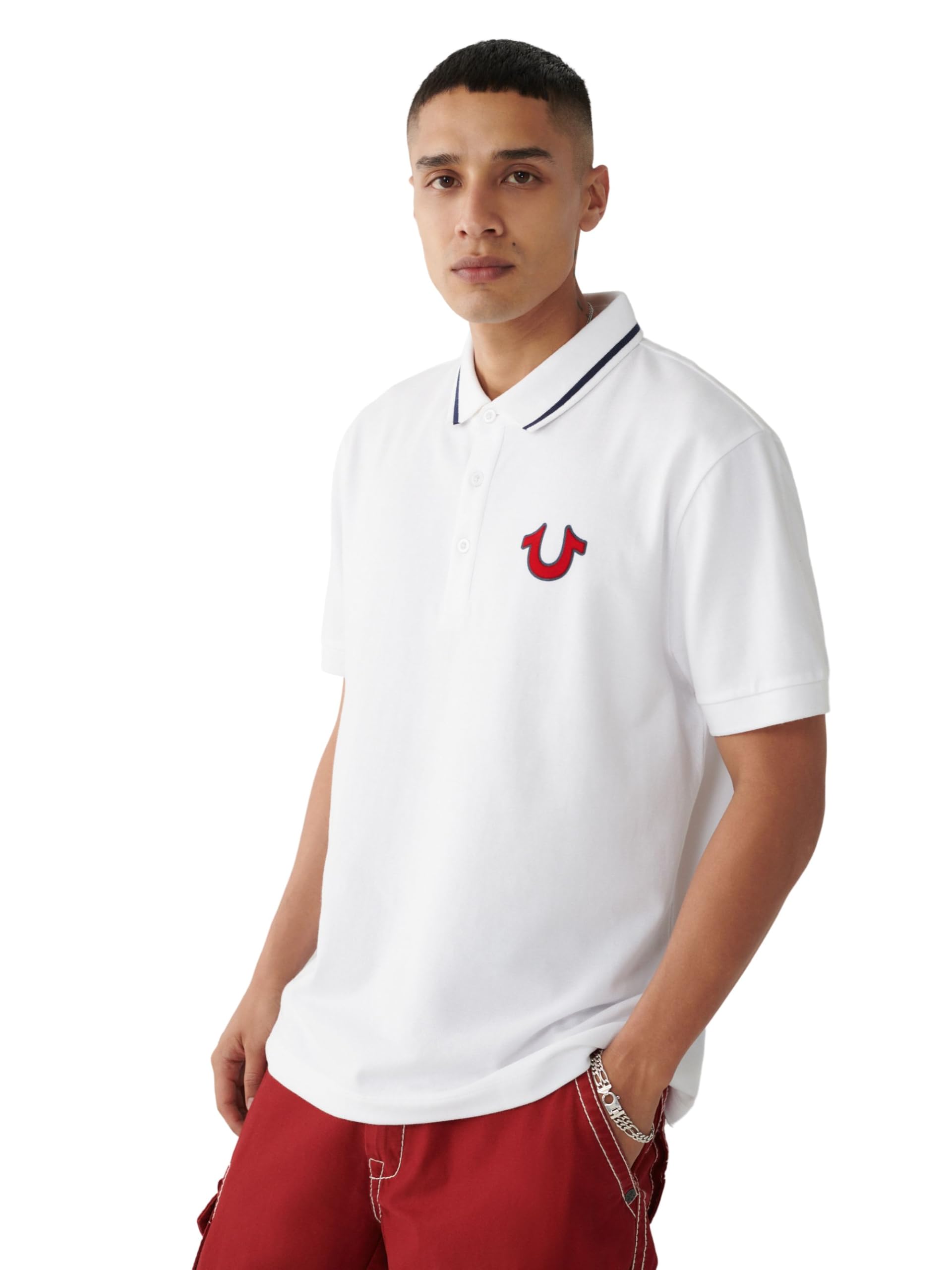 True Religion Men's Jv7 Tipped Polo, Optic White, L
