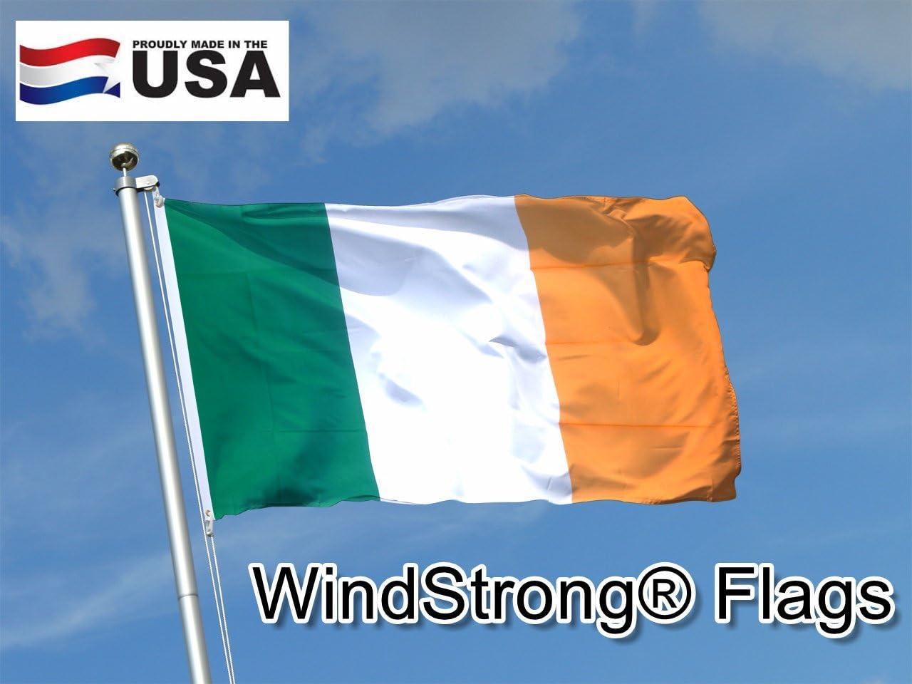 3x5 FT (Double Sided) Ireland Irish WindStrong® Flag (Sewn Stripes) Deluxe Outdoor SolarMax Nylon Flag Made in the USA