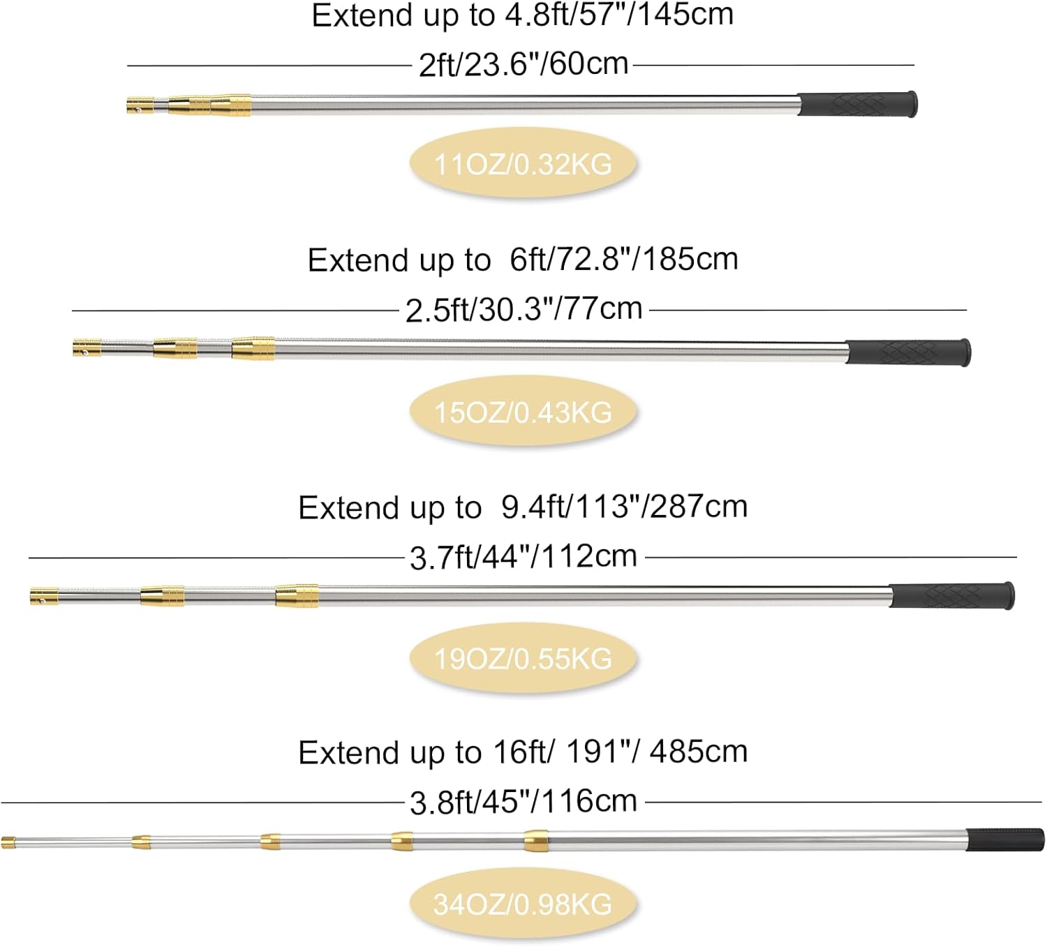 Cyfie Retractable Fishing Gaff, 4.8/6.6/7.8/9.4/16.4ft Telescopic Fishing Gaff with 8mm Screw, Capable for Fish Gig Spear Harpoon Hook, Ice and Saltwater Fishing Gaff Pole for Hunting Fish Frog Mole