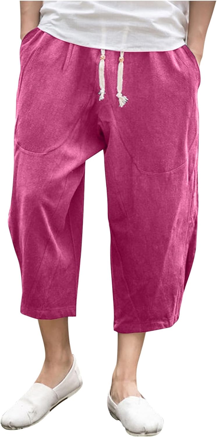 2026 Summer Capri Pants for Men Elastic Drawstring Waist Capris Loose Casual Straight Wide Leg Cropped Trousers Pocket