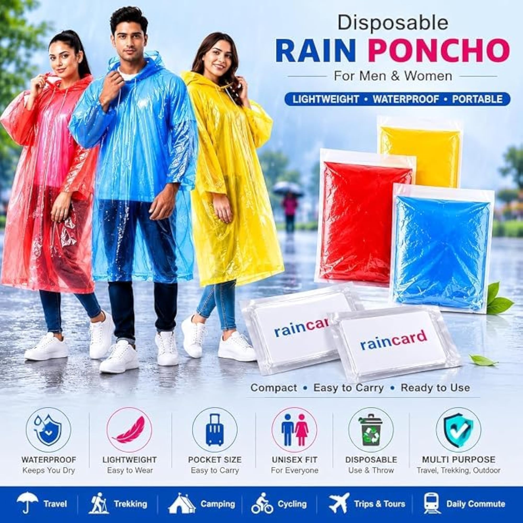 Disposable Rain Poncho with 2 Pcs Pocket Size Emergency Raincoat