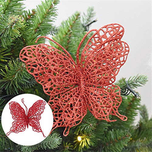 Pretyzoom Christmas Glitter Butterfly Decorations Christmas Tree Butterfly Hanging Ornament Glitter Hollow Butterfly Clip Craft For Christmas Tree Wedding Wreath Garland Decor (Red) #TOP3