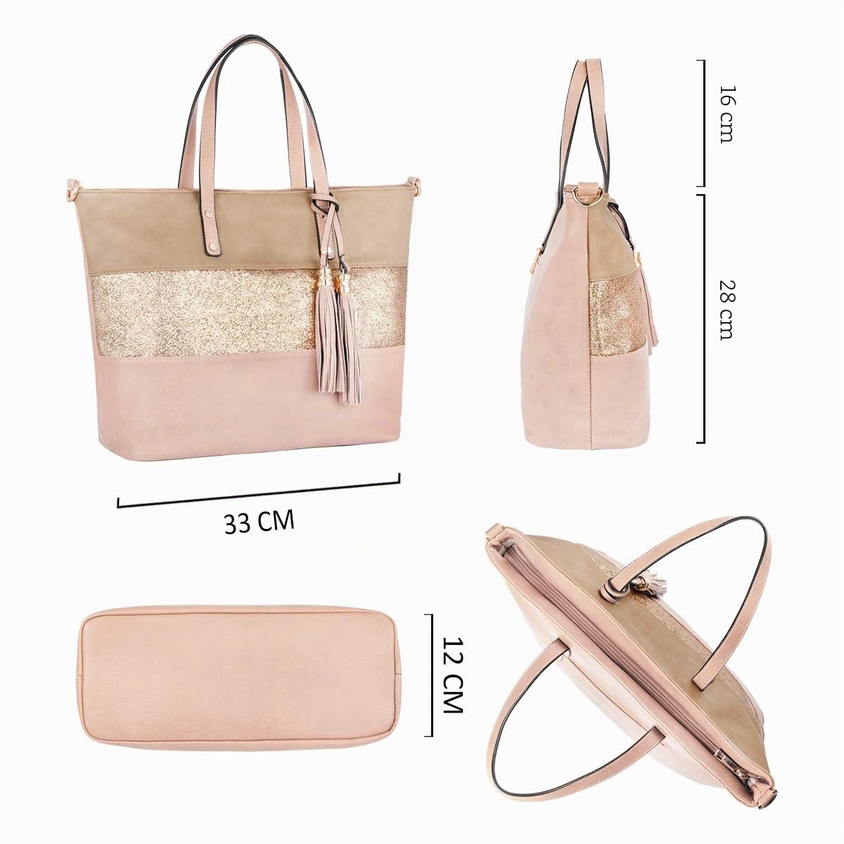 CRAZYCHIC - Damen Streifen Pailletten Handtasche - Tote Shopper Weiches PU Leder - Schultertasche Umhängetasche - Casual Multicolor Gestreift Große Kapazität - Arbeit Schule Strand Shopping - Rosa