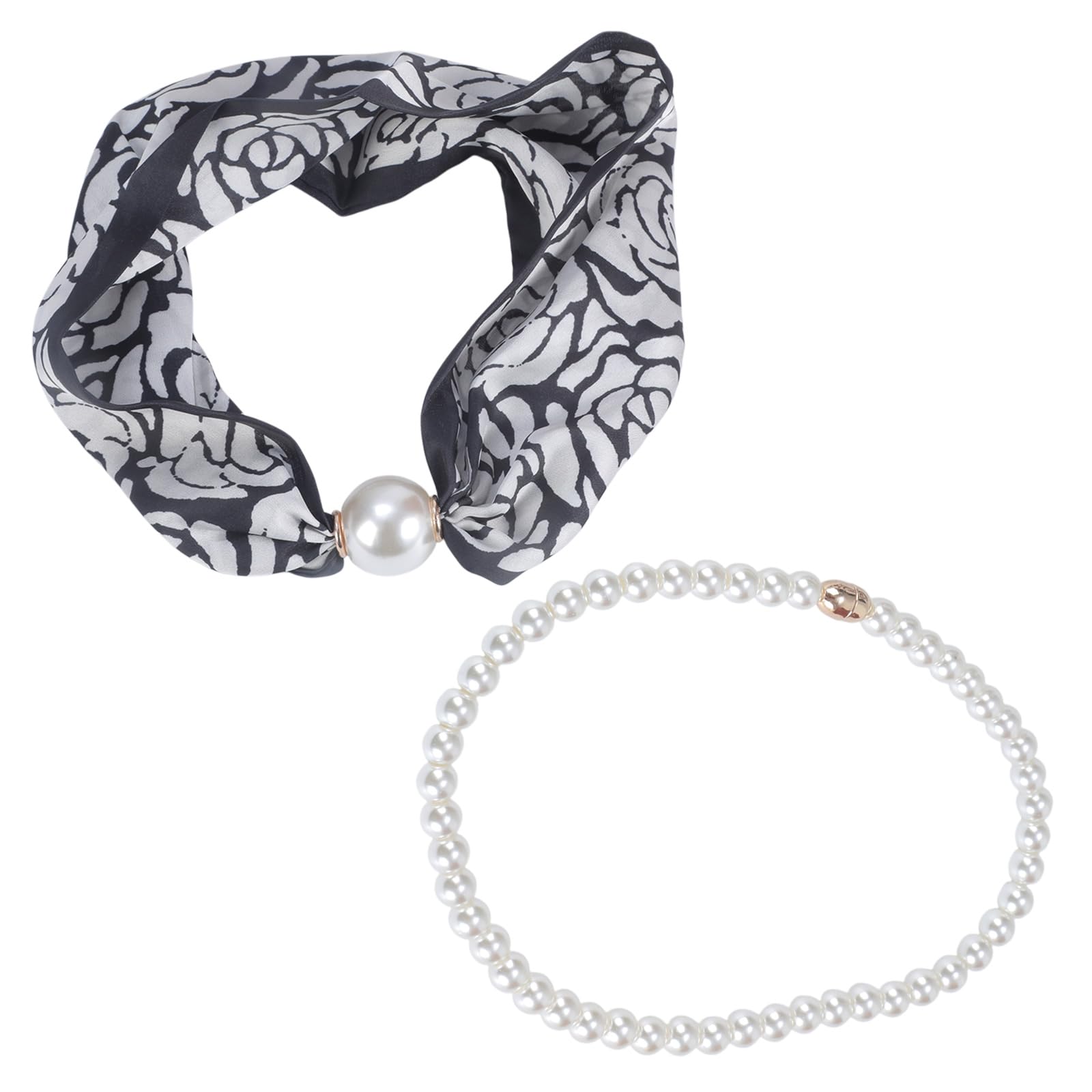 Alloneslife Unisex Camellia Magnetic Clasp Pearls Chain Necklace Floral Satins Scarf Elegant Silk Skinny Narrow Neckerchief For Fashionable Women(Camellia)