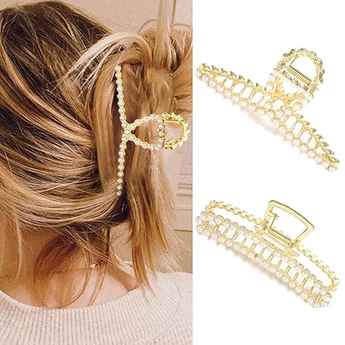 Bartosi Pinzas para el cabello para mujer, pinzas grandes para cabello grueso, perla, pinza de metal antideslizante, accesorios dorados para el