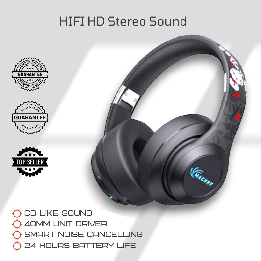 Macury Bluetooth Headphone, Over Ear, Foldable, Adjustable. Glowing Led Light, Noise Cancelling, Hifi Sound Quality (Black)