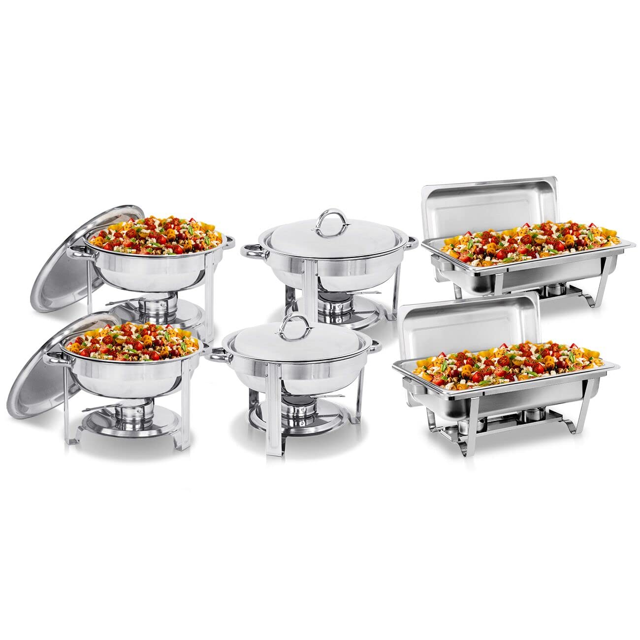 SUPER DEAL Stainless Steel Combo - Round Chafing Dish + Rectangular Chafers (4 Round+ 2 Rectangular-Silver)