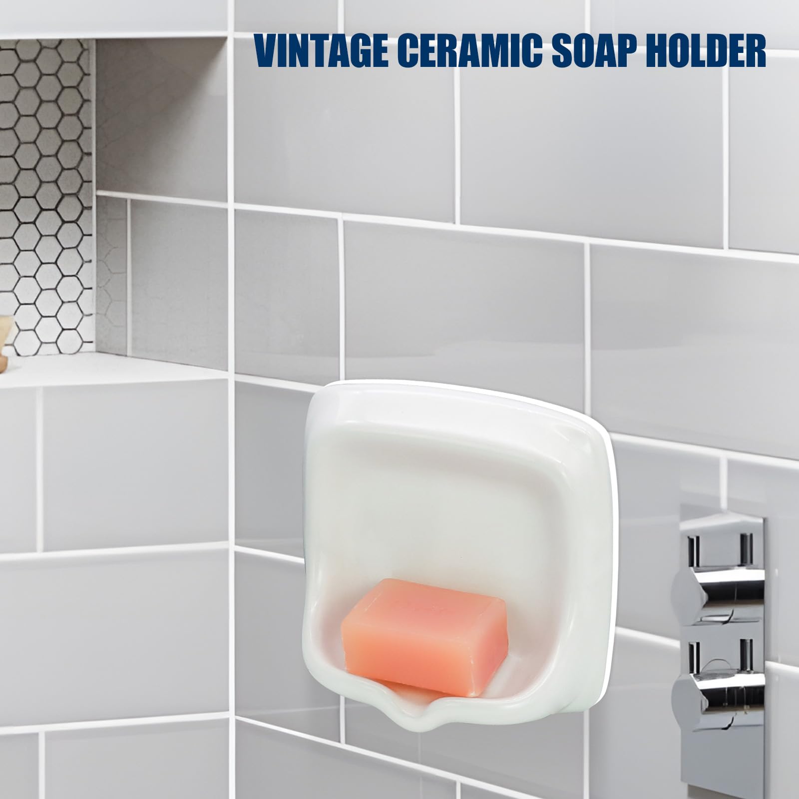 Jabonera clásica empotrada de cerámica – Soporte de jabón de montaje en pared resistente con diseño autodrenante, acabado blanco brillante – Fácil instalación de azulejos o azulejos para baño, ducha