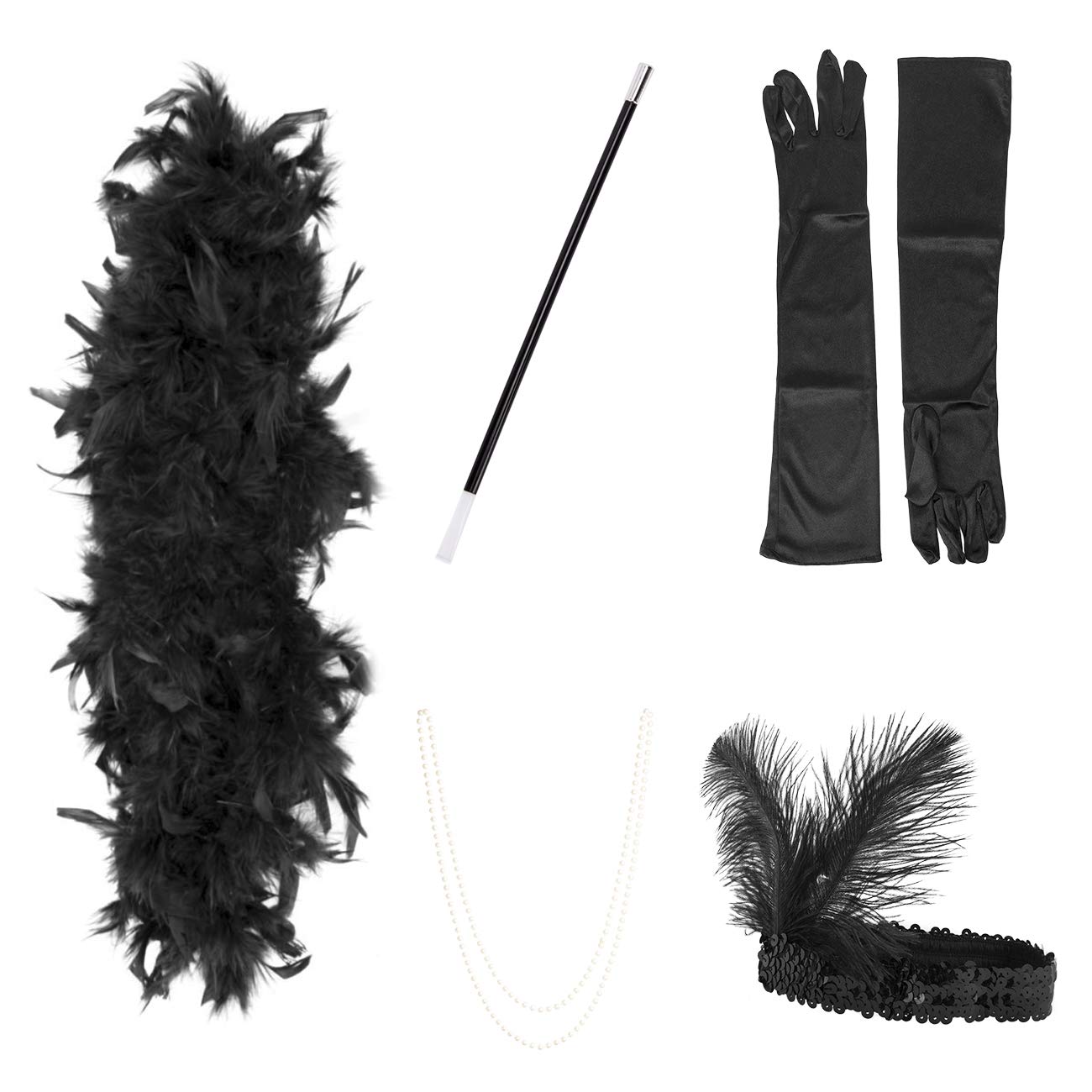 ShiyiUP 1920s Headband Necklace Gloves Cigarette Holder Flapper Costume Accessories 5pcs set