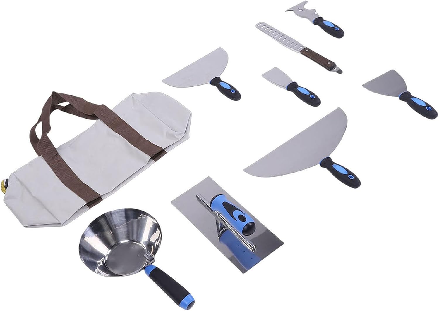 Eujgoov Stainless Steel Putty Scraper Set, 10 in 1 Drywall Tool Kit with Ergonomic Handles and Mud Pan, for Wall Painting Repairing and Plastering