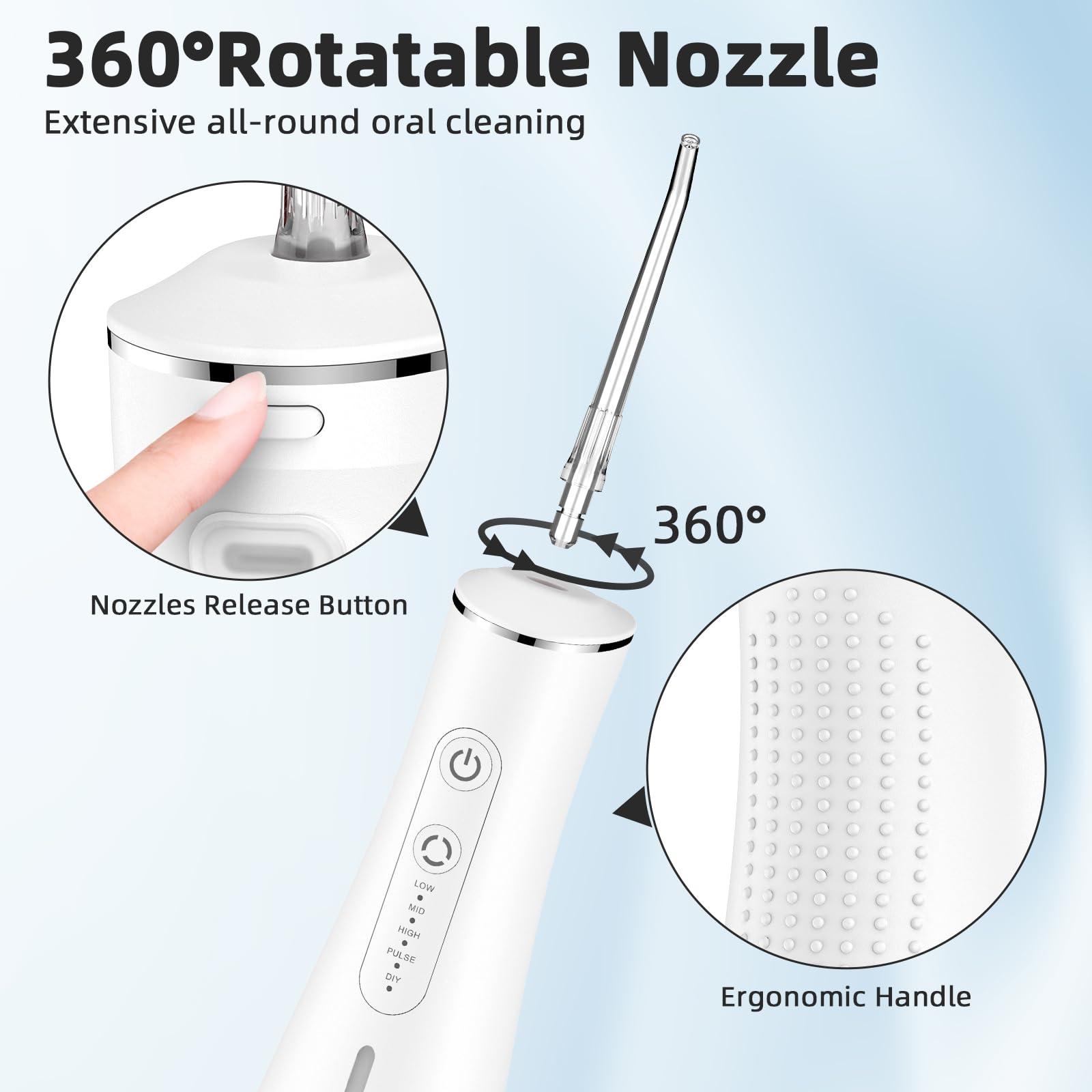 Idropulsore per denti ricaricabile senza fili, con 4 punte a getto, serbatoio dell'acqua da 300 ml, IPX7, impermeabile, per viaggi a casa (bianco)