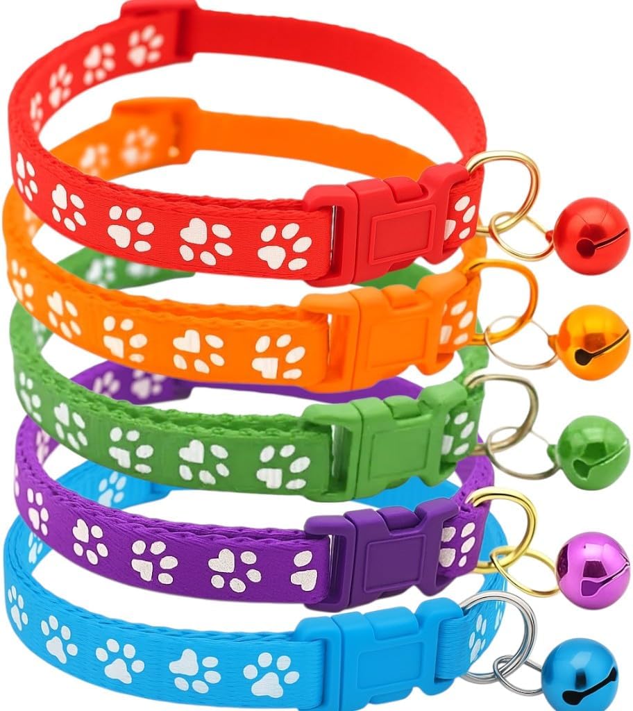Juego de 5 Collares para Gato con Campana, Ajustables, Nailon, Estampa de Patas