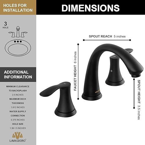 Miniatura 6 de Lava Odoro - Grifo de baño negro mate de 3 agujeros, grifo de baño amplio de 8 pulgadas, 2 asas, grifo de lavabo de baño con ensamblaje de drenaje