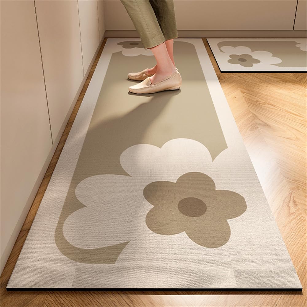 Treer Kitchen Rug Kitchen Floor Mat Non Slip Washable Waterproof Anti-Fatigue Standing Mat Diatom Mud Long Carpet for Hallway Sink Laundry Office Entryway (Flowers,50x150cm)