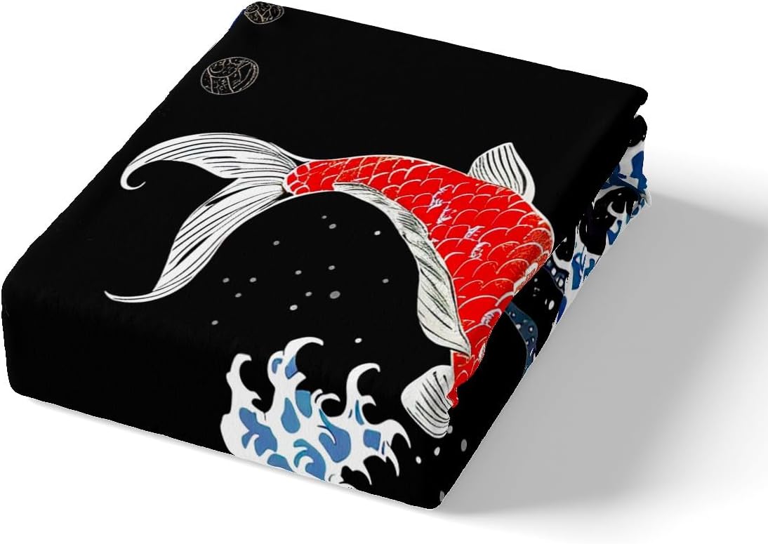 Feelyou Japanese Ukiyoe Fish Bed Sheets Ocean Surfing Koi Toddler Sheet Set Kids Boys Adult Japanese-Style Exotic Koi Animal Bed Set Exotic Style Sheets Bedroom Collection 4Pcs Queen Size