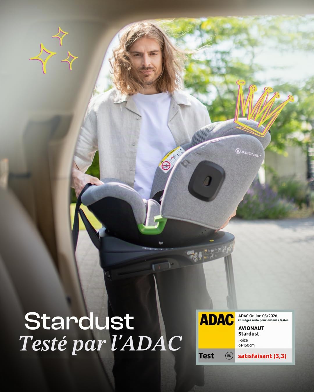 Avionaut Stardust 360° testé par ADAC, Siège auto enfant pivotant Groupe 1/2/3 61-150 cm | I-Size, installation dos et face à la route, inclinable, respirant – de la naissance à 12 ans