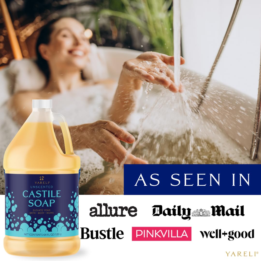 YARELI Pure Castile Soap Liquid, Unscented, EWG Verified with All Organic Oils for Adults, Kids and Babies as Body Wash or Hand Soap, 64oz Refill