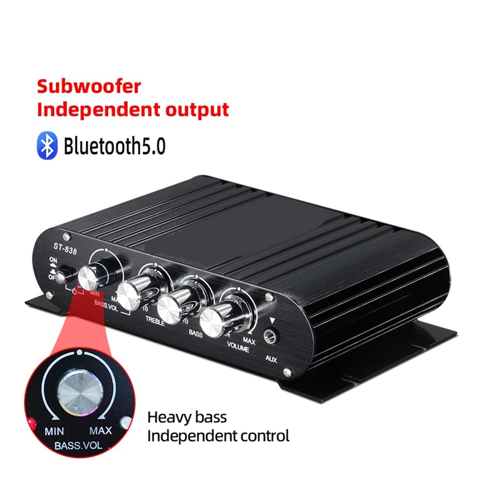 Amplificador de Potencia ST-838 HiFi de 2.1 Canales, Amplificador de subwoofer de 20 W x 2, Ajuste de Graves y Agudos.