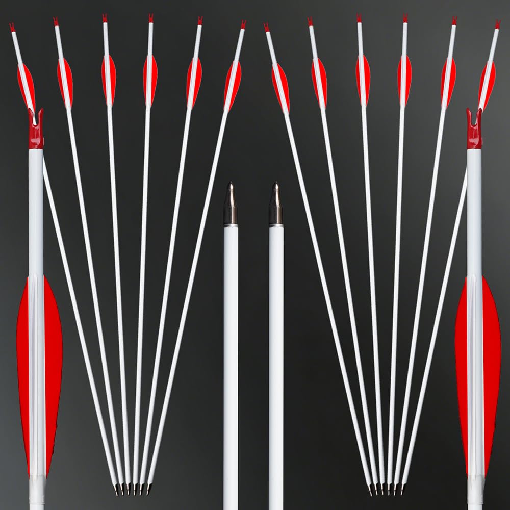 12 Stück Jagdpfeile Spine 500 600 700 800 Pure-Carbon-Pfeil 4" Rot-Weiß Naturfeder für Compoundbogen Recurvebogen Zielübungen Bogenschießen