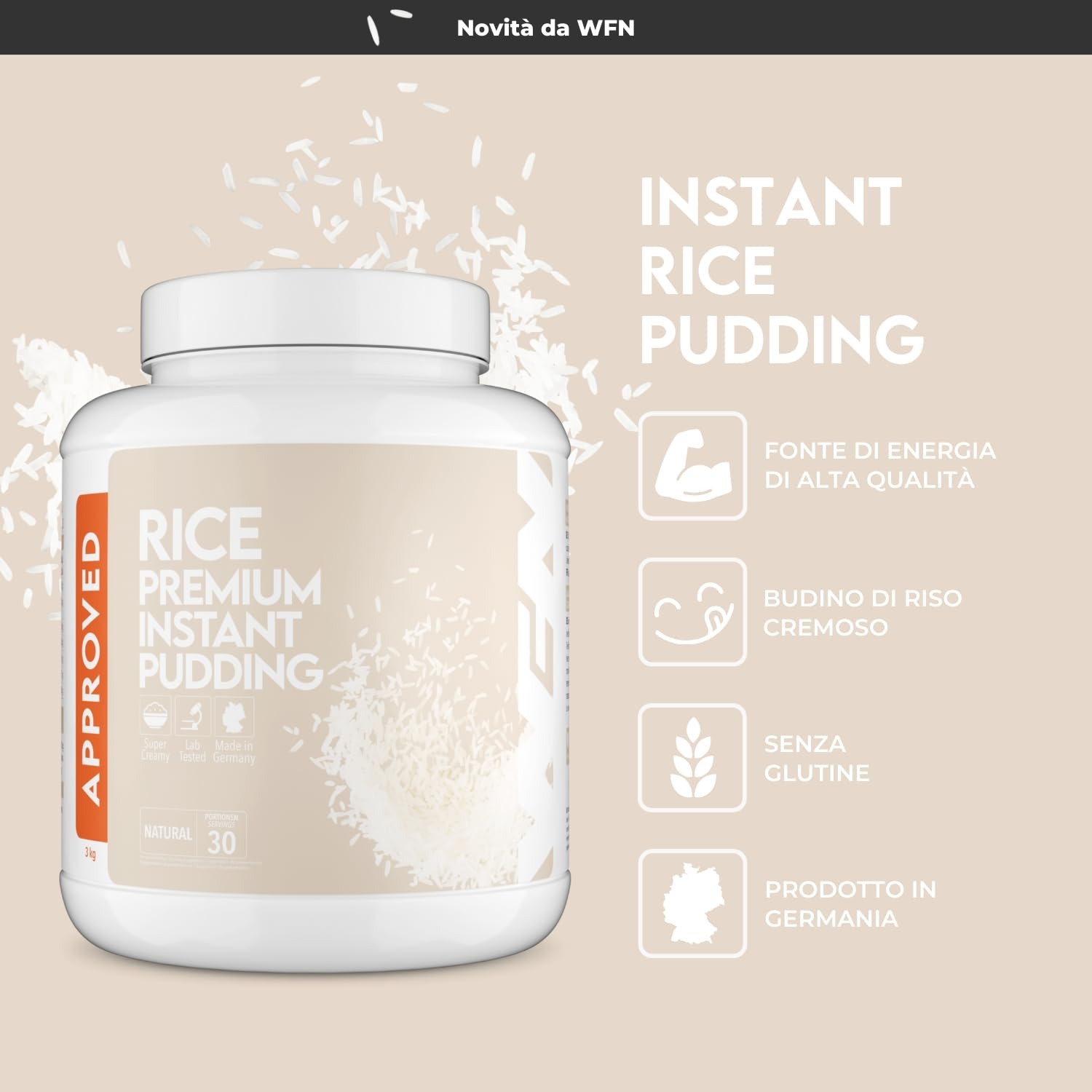 WFN Approved Rice Pudding - Naturale - 3 kg - Budino di riso istantaneo senza additivi - Prodotto e testato in laboratorio in Germania