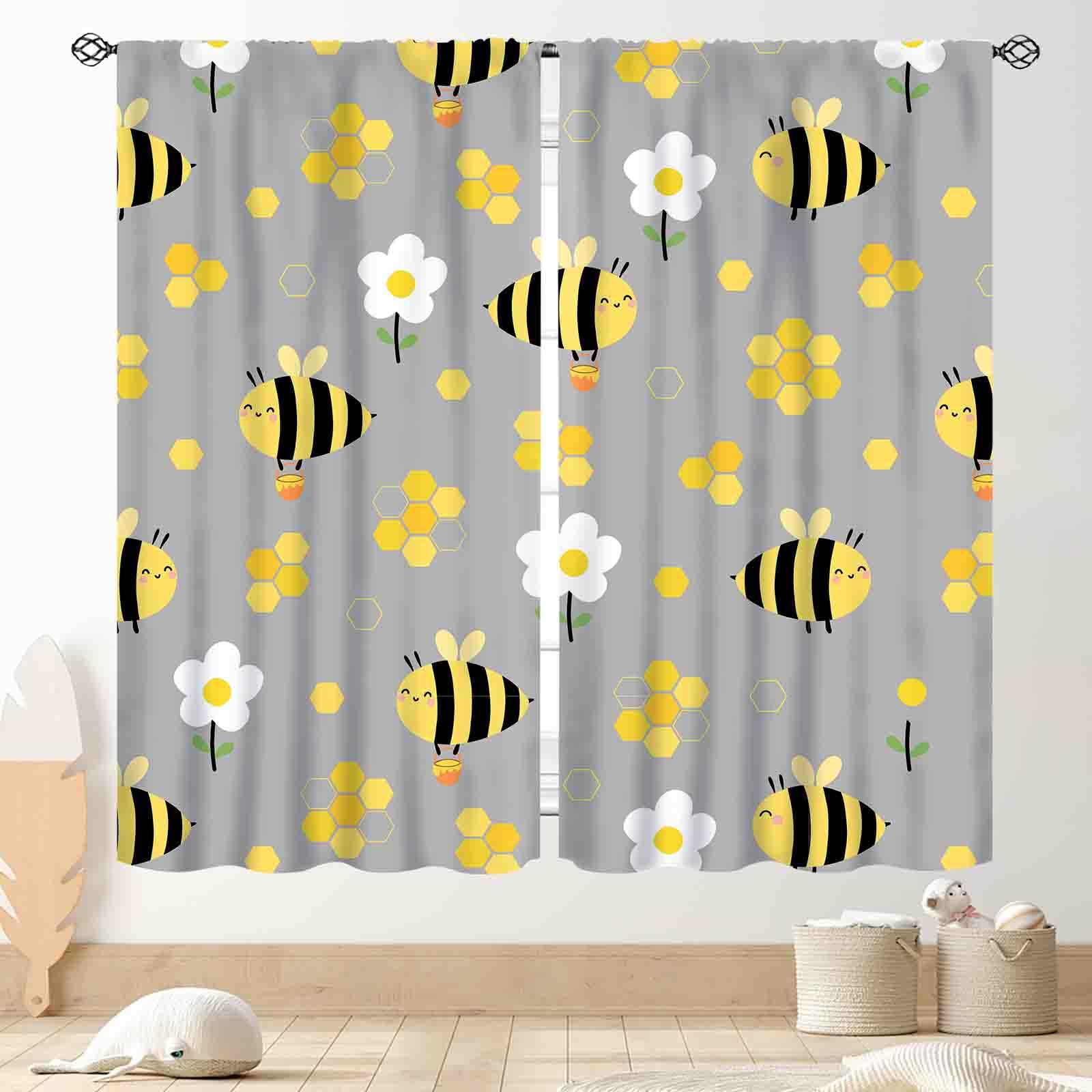 TKUYO Bee Kitchen Curtains, Rustic Lovely Honeybee Yellow Spring Sunflower Honeycomb Farmhouse Country Gray Blackout Window Drapery Treatments for Bedroom Living Room Bathroom 2 Panels, 42"x45" Inch