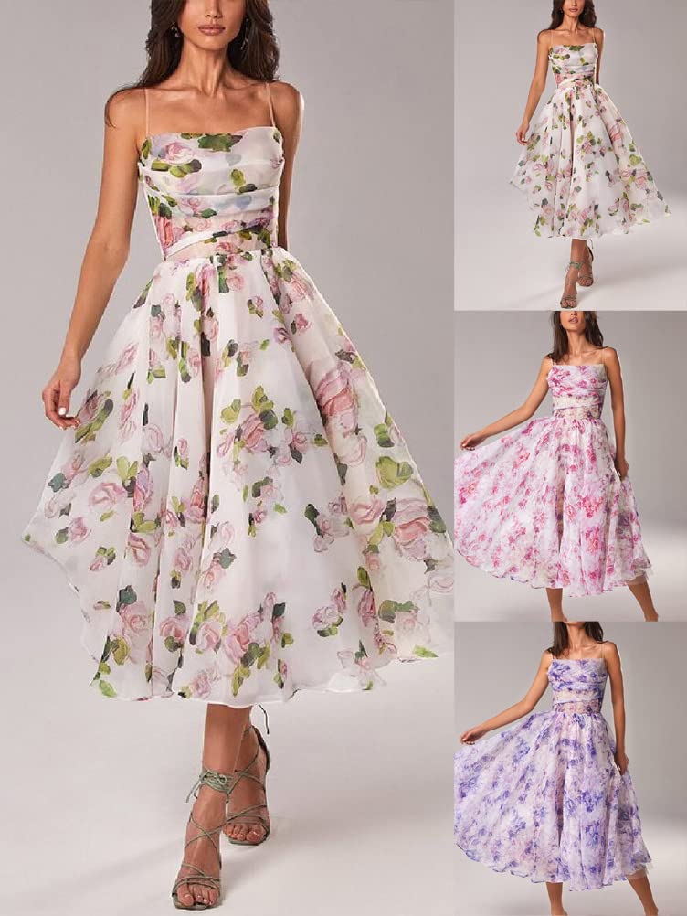 ORANDESIGNE Vestido de Flores Vintage para Mujeres Vestido de Espagueti sin Mangas de Fiesta Rockabilly Vestido Midi de Cóctel Columpio Boda Bola