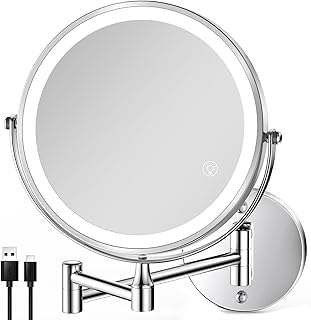 8.5 Inch Rechargeable Wall Mounted Lighted Makeup Mirror, Double-Sided 1X/10X LED Magnifying Vanity Mirror with Lights, 3 Color Lights Touch Screen Dimmable 360°Swivel 18 Inch Extendable - Chrome