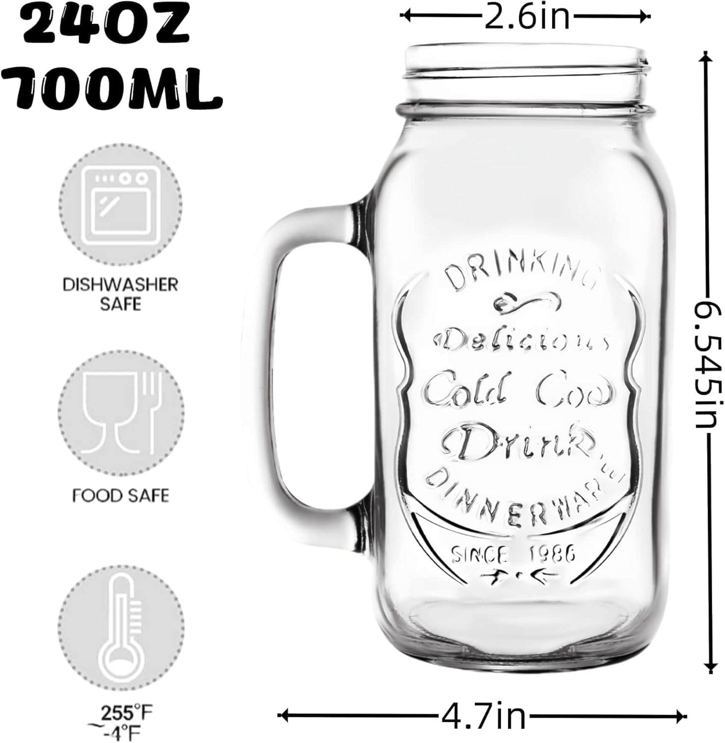 Juego de 4 Vasos De Agua 700ml/24oz, Vasos de Cristal Estilo Vintage con Asas, Vaso para Cocktail Café Matcha Cerveza Zumo Whisky Té y Batidos