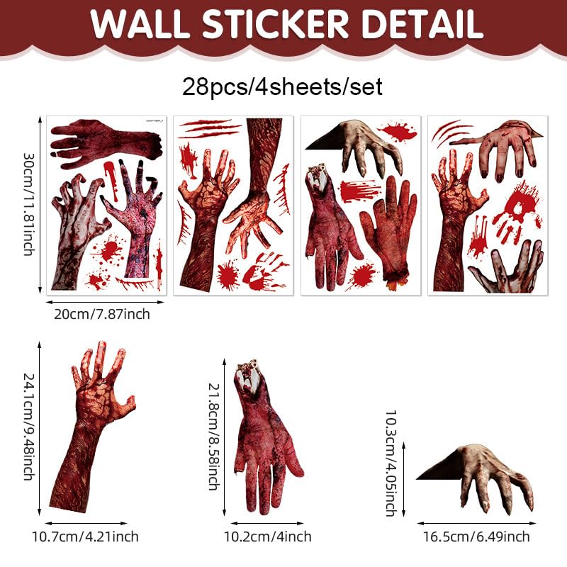 OUFEI 4 Pcs Halloween Wall Stickers Terrifying Bloody Hand Decals Floral Wallpaper Peel and Stick Fantasy Flower Butterfly Wall Decals for Halloween Window Bedroom Living Room Wall Decoration - Image 2