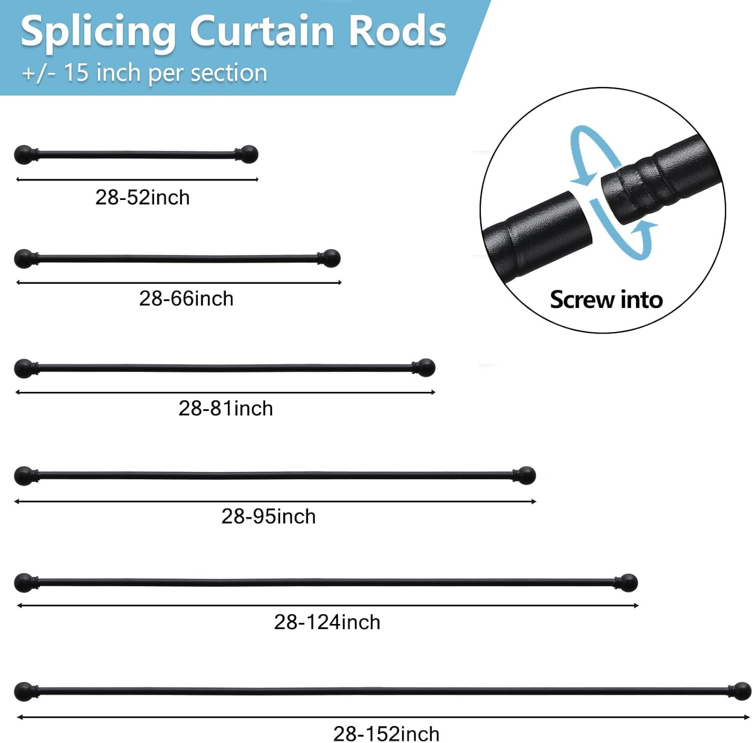 Tringle à Rideaux Extensible 71-121 Cm - Acier Noir Mat - Diamètre 16 Mm Avec Supports Réglables
