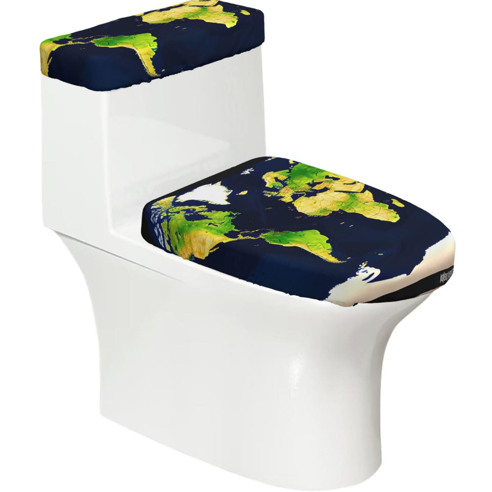 World Map Printed Toilet Tank and Lid Cover Set of 2 for Most Bathrooms, Fits Elongated Round Toilets