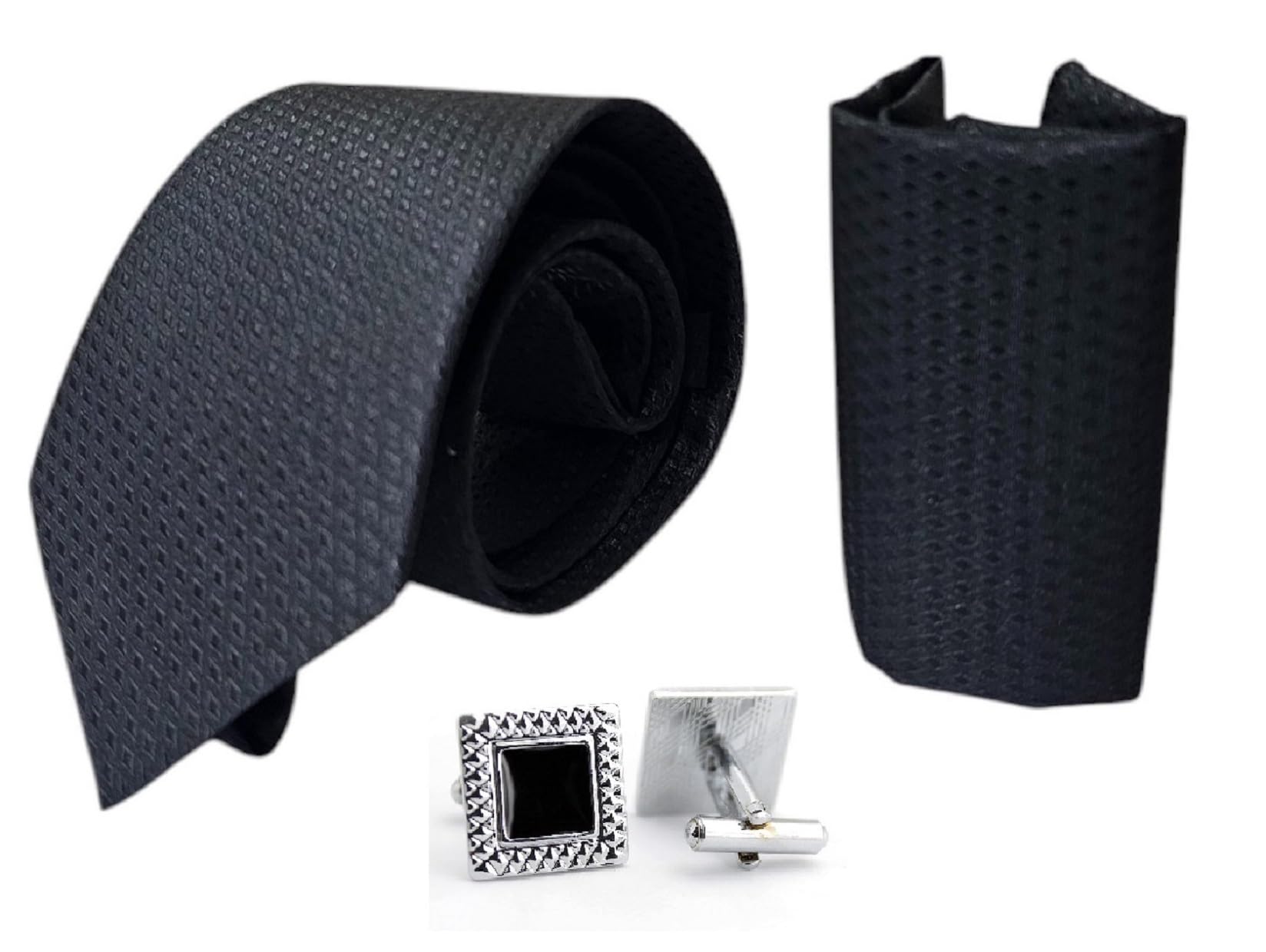 zitti Men's Italian Silk Tie, Pocket Square & Square Cufflink Set – 2.75" Slim Necktie with 10x10 Handkerchief & Stainless Steel Cufflinks – Wooden Gift Box-picture-35