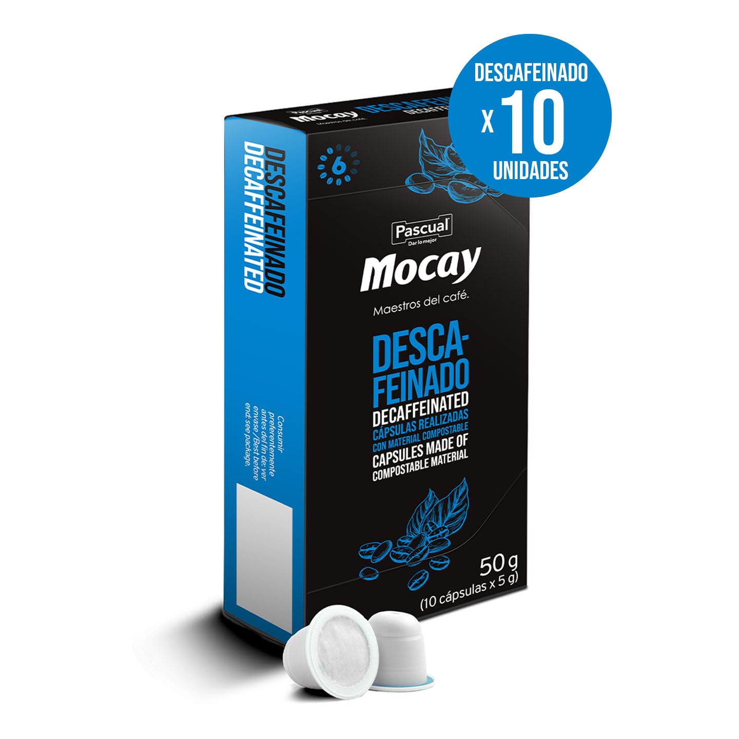 Café Mocay - Cápsulas Compatibles con Nespresso, Descafeinado, Compostables, 100% Arábica, Tueste Natural - Pack 10x10, Total 100 unidades + Llavero Mocay de Regalo.