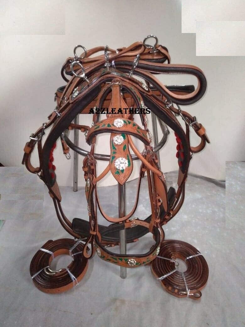 Stylish Natural 3 Tone Color Leather Driving Harness For Single Horse Cart In 4 Size