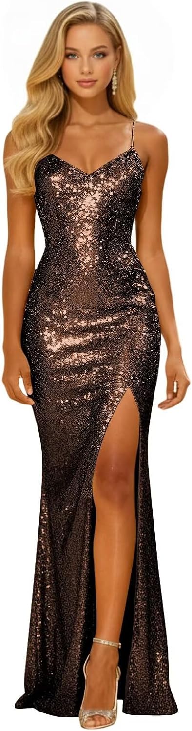 Women's Sparkly Sequin Prom Dress Long Mermaid Evening Gown High Slit V-Neck Spaghetti Straps Formal Party Dress