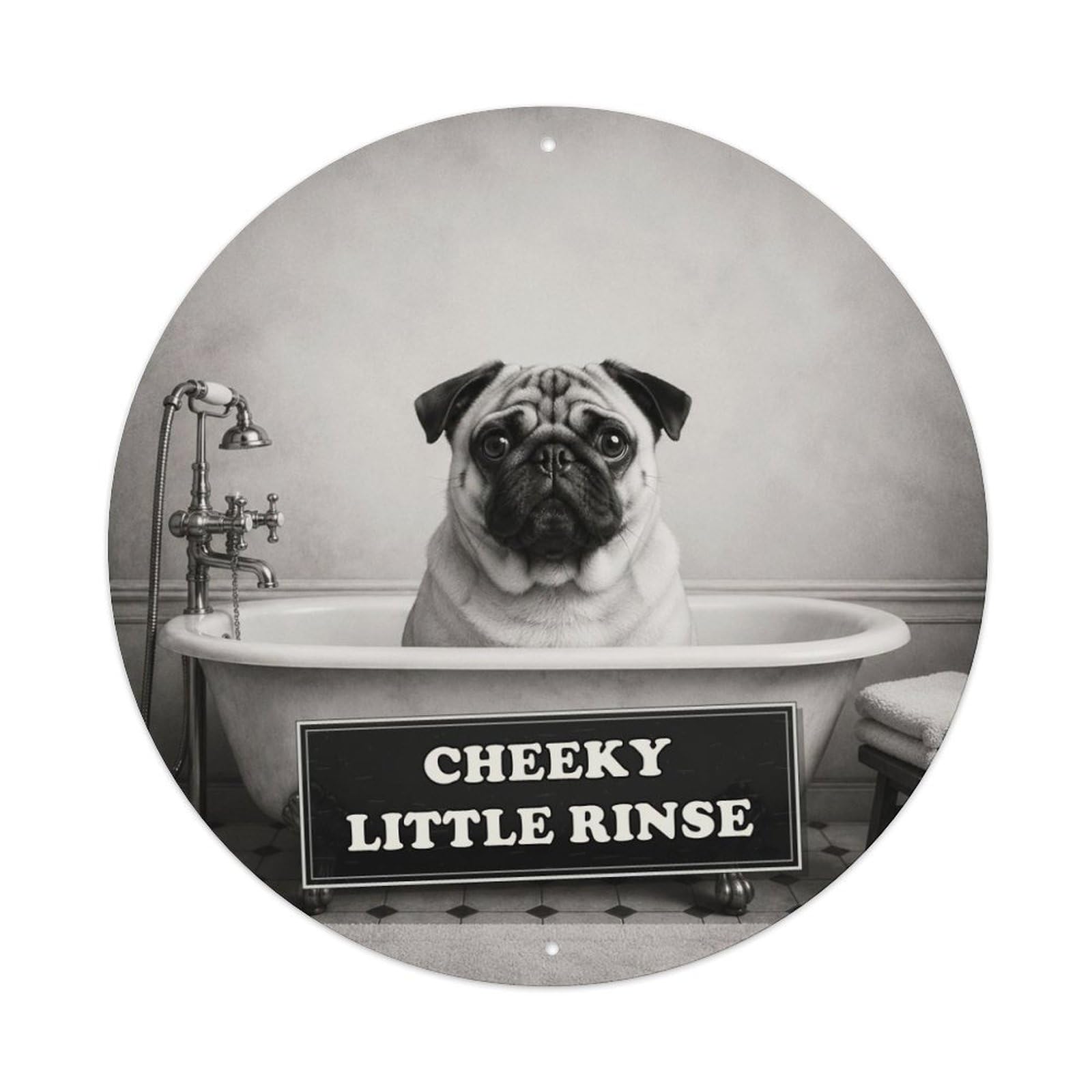 Anthropomorphic Animal Pug Bathtub Social Satire Black Fable Metal Tin Sign Plaque Wall Decor for Cafe, Man Cave, Club Bar, Office, Home Garden Round Metal Poster 8x8Inch