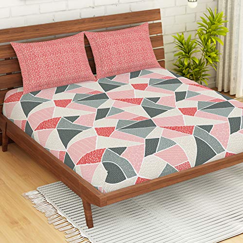 Image of Spaces Atrium 144 TC 100% Cotton King Size Fitted Double Bedsheet with 2 Pillow Covers (Geometric, 72 inch X 78 inch Inches ) - Peach