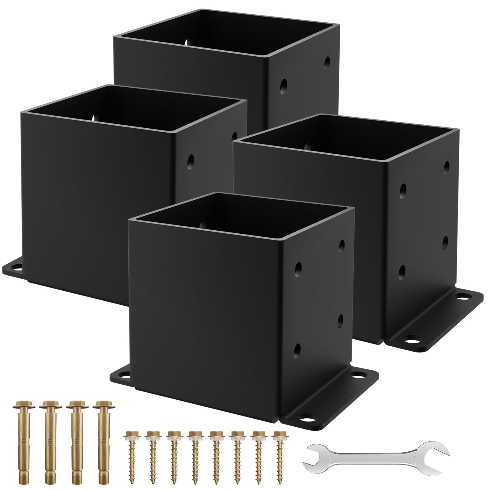 Photo 1 of 6x6 Post Base 4PCS, Inner Size 5.6x5.6 Inch Fence Post Anchor, Rust-Proof 13 Gauge Heavy Duty Solid Steel Black Powder-Coated Railing Post Brackets, for Support Deck, Pergola, Includes Screws