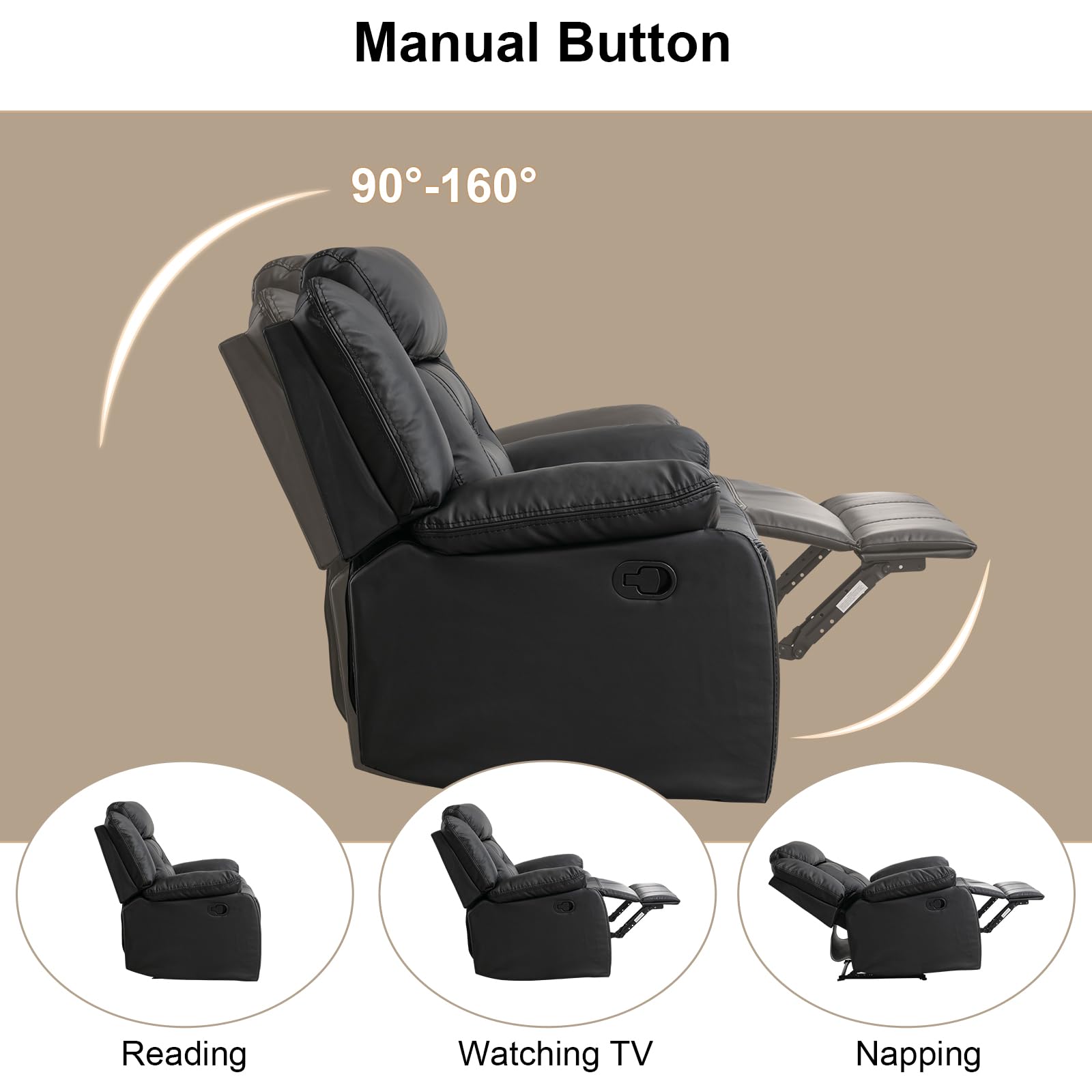 EBELLO Faux Leather Manual Recliner Chair, Modern Design Single Reclining Sofa Chair with Comfortable Armrest and Backrest, Furniture for Living Room, Bedroom, Black view 5