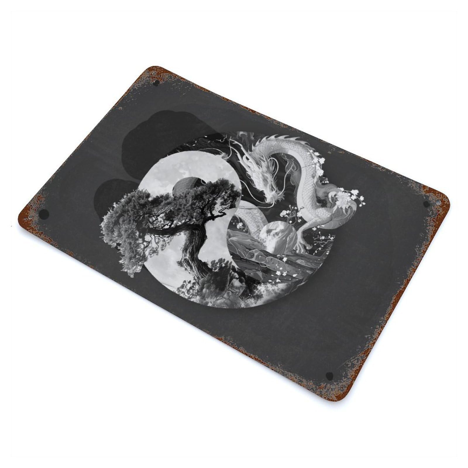 Yin Yang Bonsai Dragon Decorative Tin Sign 11.8"x7.9", Rustic Home Decor for Garage, Pub Or Kitchen