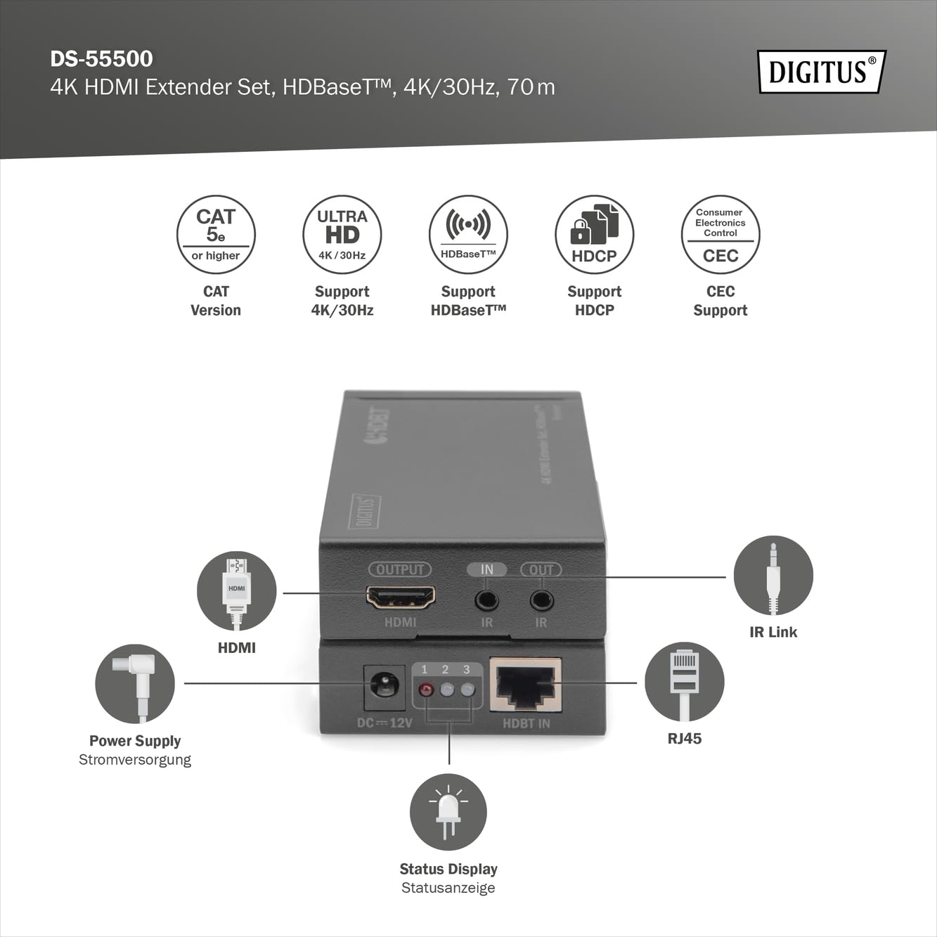 DIGITUS Extensor HDMI – UHD 4K 30 Hz – HDBaseT 1.0