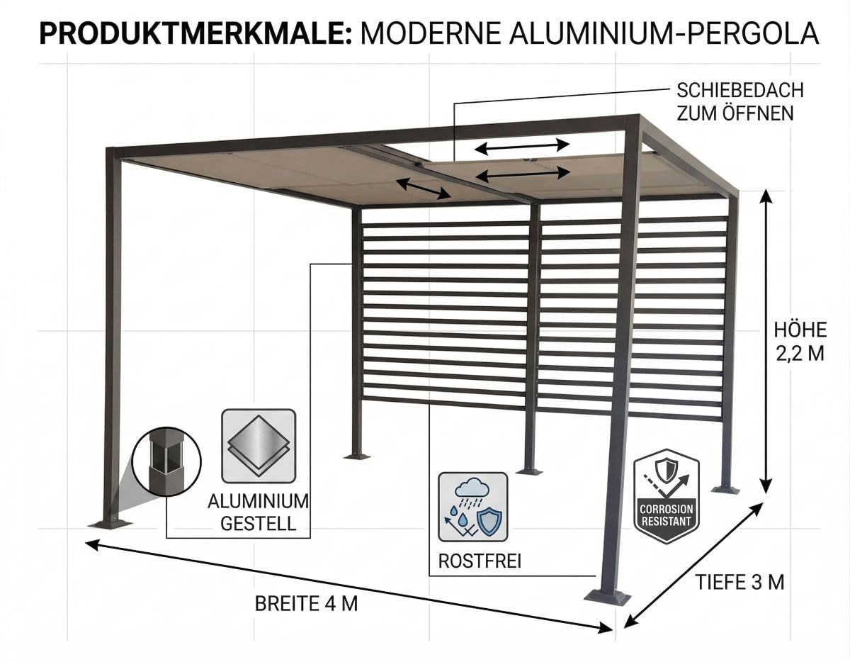 Jet-LINE® Pawilon | pergola aluminiowa | pawilon ogrodowy | ochrona przed promieniowaniem UV | pergola Amun | wymiary: 3 x 4 m | dach przesuwny | zadaszenie ogrodu | zadaszenie tarasu