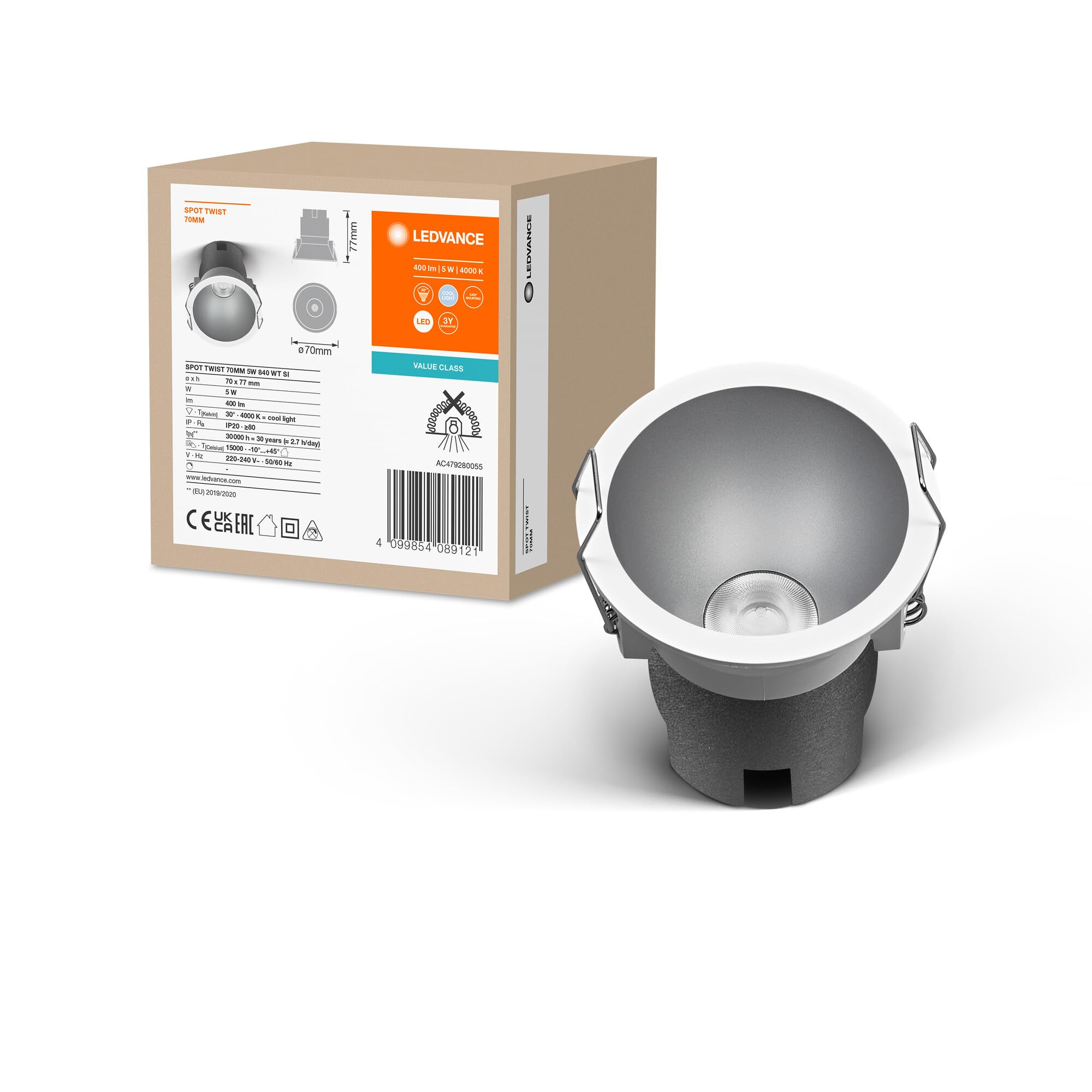 LEDVANCE Spot Twist Recessed Downlight, Silver, 5W, 400Lm, 840 Wt, 70Mm Diameter, Cold White Light Color, Up to 90 Percent Energy Savings Compared to Halogen Downlights, Easy Installation, 4000K