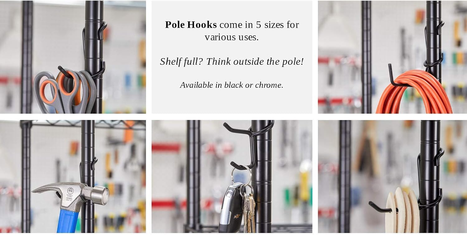Shelf Pole Hooks 5-Pack | Chrome Variety Pack | Best Solution for Garage Shelving Storage Organization | Use with Metal or Wire Shelves and Racks | Heavy Duty, Easy Installation
